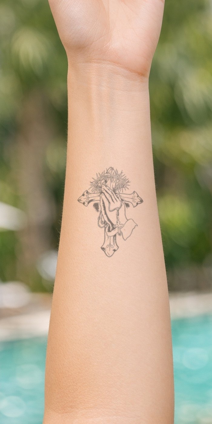 Hands of Prayer temporary tattoo worn on skin