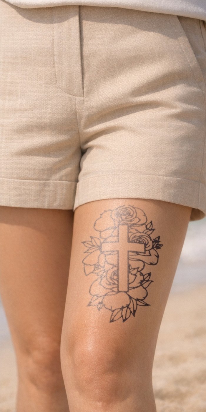Cross in Bloom temporary tattoo worn on skin